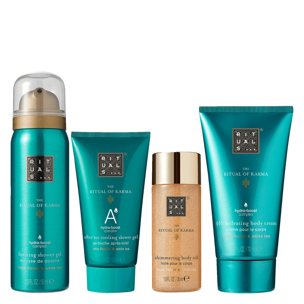 The Ritual of Karma Travel Exclusive Pouch skummende kropsgel 50 ml, kølende kropsgel til når du har været i solen 50 ml, kropsolie 30 ml, bodycreme 70 ml