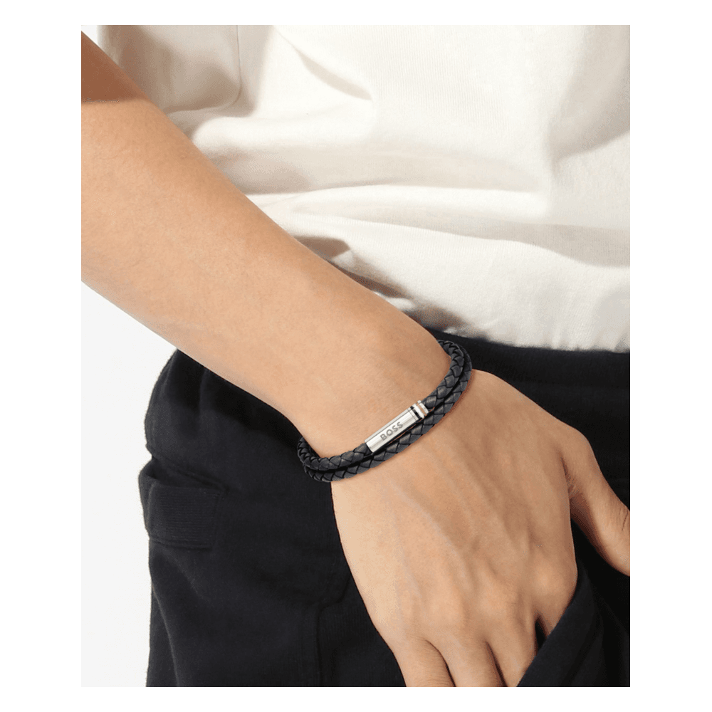 BOSS Flettet læderarmbånd