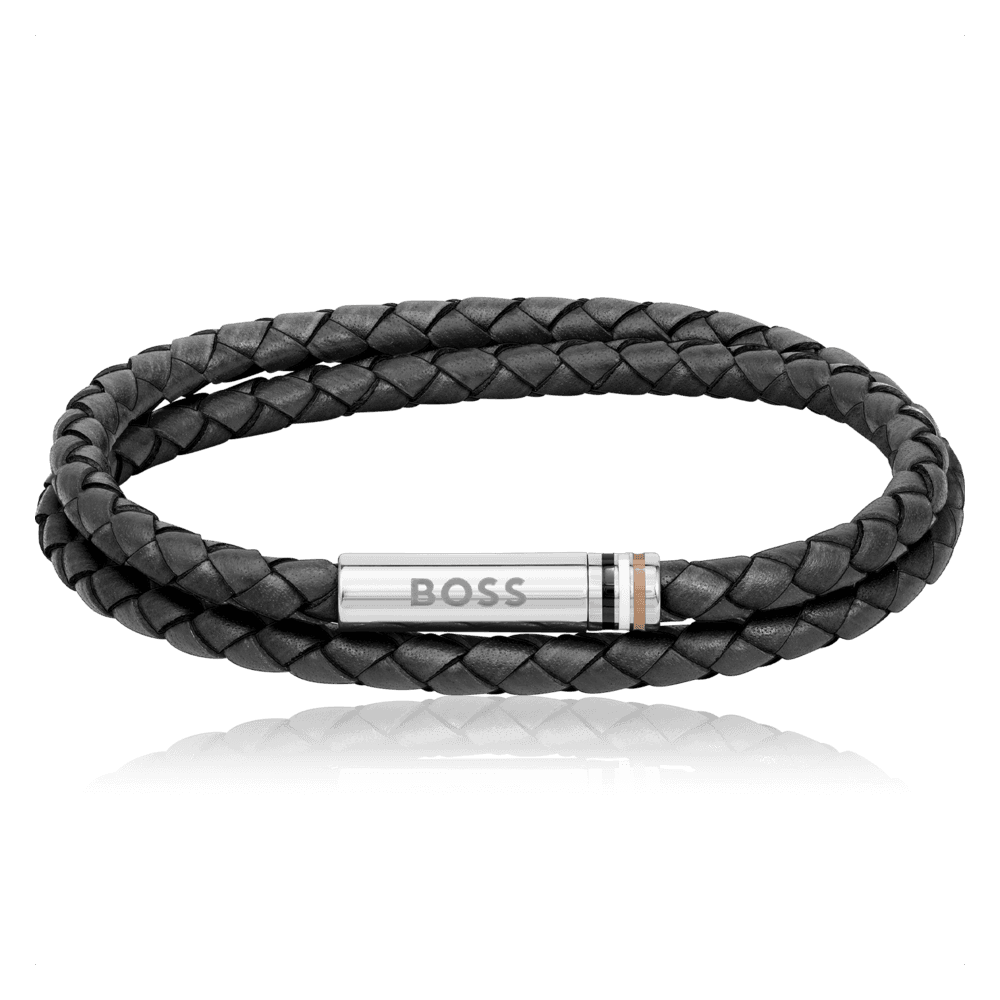 BOSS Flettet læderarmbånd Black