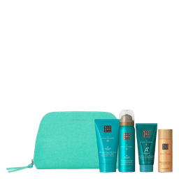 The Ritual of Karma Travel Exclusive Pouch skummende kropsgel 50 ml, kølende kropsgel til når du har været i solen 50 ml, kropsolie 30 ml, bodycreme 70 ml