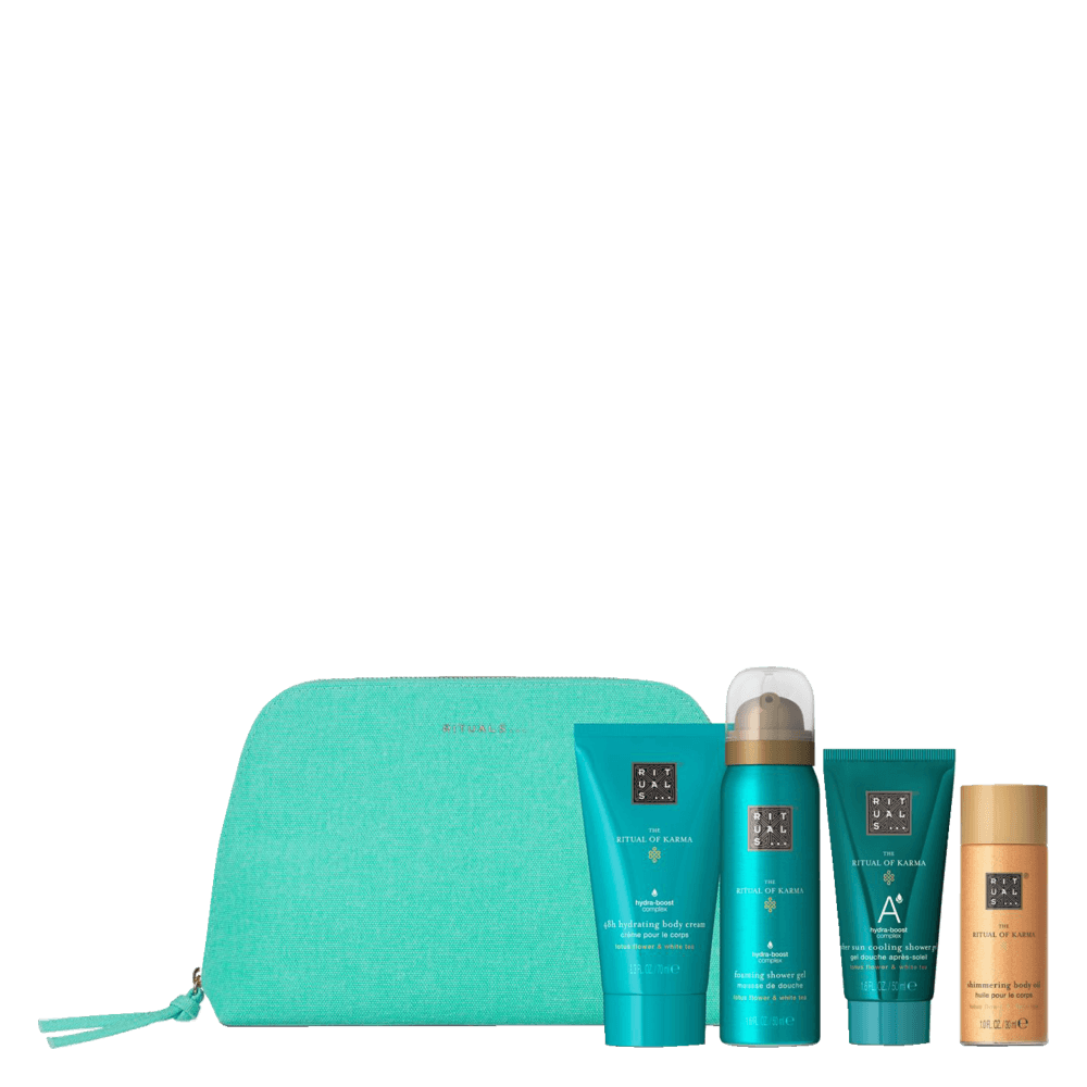 The Ritual of Karma Travel Exclusive Pouch skummende kropsgel 50 ml, kølende kropsgel til når du har været i solen 50 ml, kropsolie 30 ml, bodycreme 70 ml